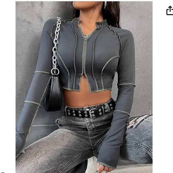 Charcoal Exposed Seams Zip Up Long Sleeved Cropped Top - Picture 1 of 6